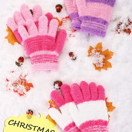 3 Pairs Winter Knit Gloves for Kids Stretchy Full Finger Fluffy Mittens for Toddler Boys Girls 1-11 Years
