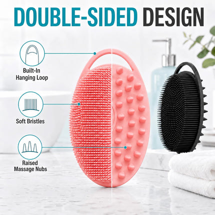 2 Pack Silicone Body Scrubber, Loofah Double-Sided Body Brush,Shower Scrubber and Scalp Massager Shampoo Brush for Sensitive Kids Women Men All Kinds of Skin (Black & Pink)