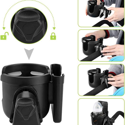 Stroller Cup Holder with Phone Holder, Bike Cup Holder, Universal Cup Holder for Uppababy Nuna Doona Strollers, 2-In-1 Cup Holder for Walker, Wheelchair, Scooter