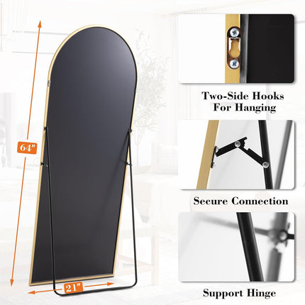 64"X21" Arched Full Length Floor Mirror, Full Body Mirror with Stand, Shatterproof Tempered Glass, Modern Aluminum Alloy Frame, Free Standing or Leaning for Home Decor, Gold