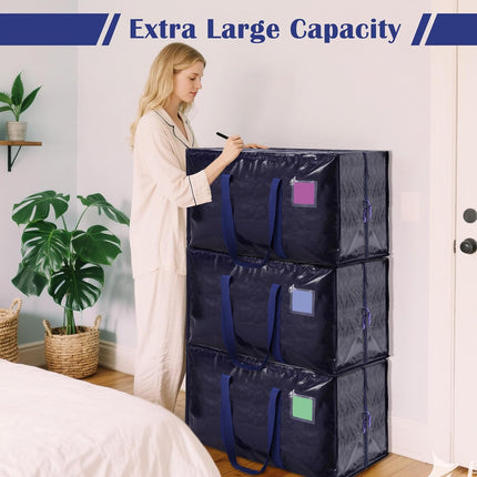 6 Pack Moving Bags Heavy Duty 210GSM with Full-Open Side Zipper, 93L 220Lbs Waterproof Foldable Storage Totes for College Dorm Move-In, Moving Boxes Alternative & Home Organization, Blue
