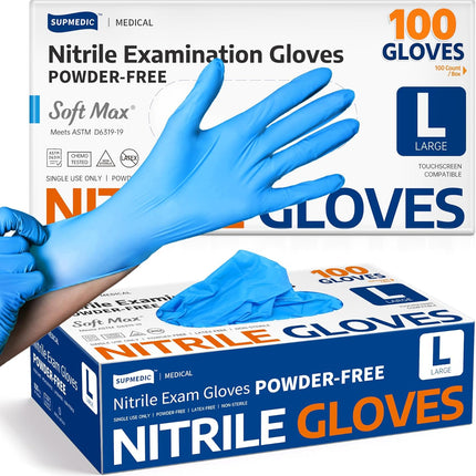 Medical Soft Max Nitrile Exam Gloves Powder-Free Disposable 100 Ct | Soft Stretch Fit • Powder-Free • Latex-Free • Examination • Cooking • Cleaning· Food Prep • 100 Count • Blue