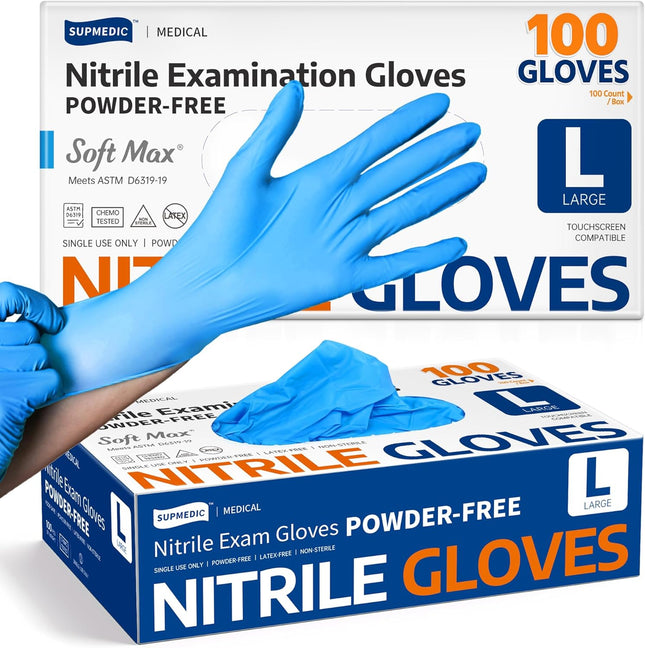 Medical Soft Max Nitrile Exam Gloves Powder-Free Disposable 100 Ct | Soft Stretch Fit • Powder-Free • Latex-Free • Examination • Cooking • Cleaning· Food Prep • 100 Count • Blue