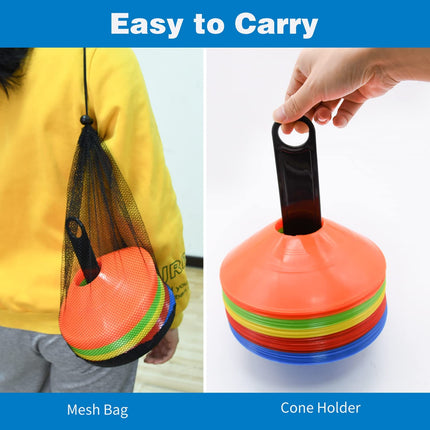 25/50/100Pcs Disc Cones, Agility Soccer Cones with Carry Bag and Holder, 5 Color | for Sports Training, Football, Soccer, Basketball, Coaching, Practice Equipment