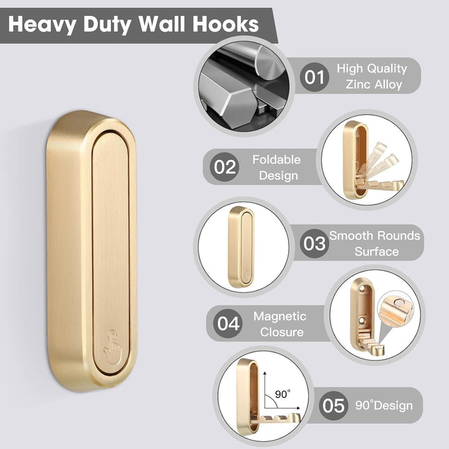 Folding Coat Hooks, 2 Pcs Foldable Gold Wall Hooks Heavy Duty Foldable Hook Bathroom Towel Hooks Robe Hooks Wall Mounted for Hanging Coat Towels Clothes Hat Bags Keys