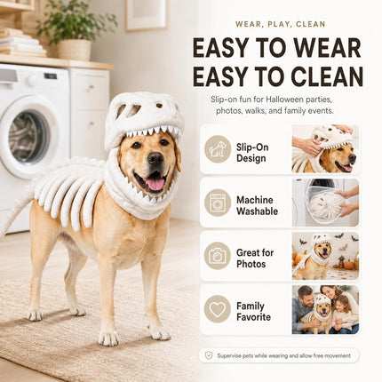 Dog Dinosaur Skeleton Costume, Pet Halloween Party Costumes (Grey | 34In)