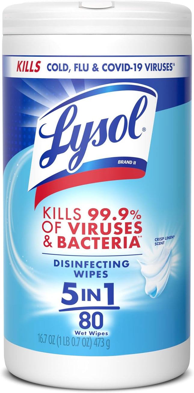 Disinfecting Wipes, All Purpose Cleaner, Multi-Surface Antibacterial Cleaning Wipes, Household Cleaning Supplies, Dorm Essentials, Crisp Linen Scent, 80 Ct.