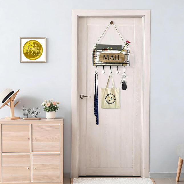 Mail Organizer Wall Mount, Rustic Mail Holder Key Holder for Wall with Hooks, Small Size, Carbonized Black