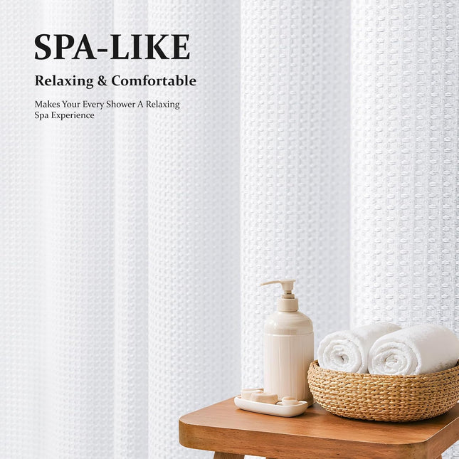 White Fabric Shower Curtain, Waffle Weave Heavy Duty Thick Fabric Shower Curtains for Bathroom, 256GSM Weighted Hotel Luxury Cloth Shower Curtain Set with 12 Plastic Hooks, 72Wx72H, White
