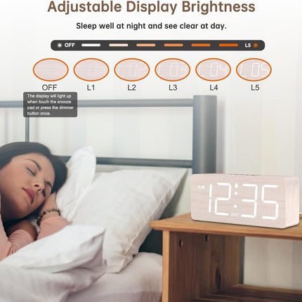 Wooden Digital Alarm Clock for Bedroom with Large Numbers | Desk Clock for Living Room Office, Loud Alarm for Heavy Sleepers Adults, Volume Control, Dimmer, DST, Wood Decor (Plug-In)