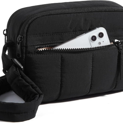 Cross Body Purse, Mini Crossbody Bags for Women Travel Purse, Puffy Shoulder Handbag Wallet with RFID Blocking Slots, Black-Small