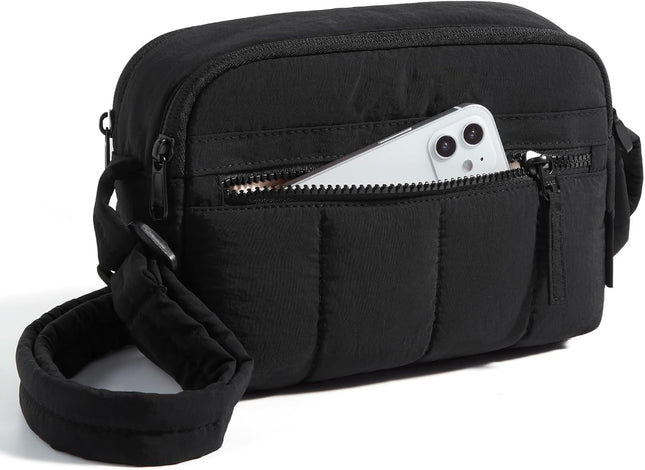 Cross Body Purse, Mini Crossbody Bags for Women Travel Purse, Puffy Shoulder Handbag Wallet with RFID Blocking Slots, Black-Small