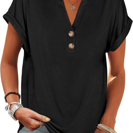 Womens Short Sleeve Henley Tops V Neck Dressy Casual Blouses Summer Trendy Tee Shirts 2026 Vacation Fashion Clothes