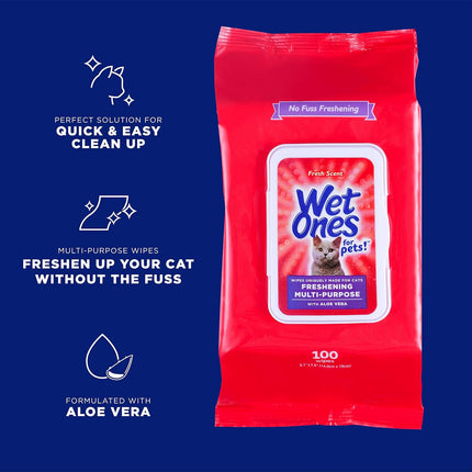 for Pets Freshening Multipurpose Cat Wipes with Aloe Vera, Fresh Scent - Easy to Use Cat Freshening and Grooming Wipes with Wet Lock Seal, 100 Count - 12 Pack