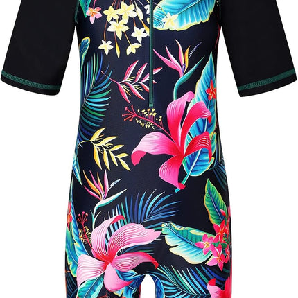 Short Sleeve Girls Swimsuits UV 50+ One Pieces Zipper 2-14Y | from Beach Vacations and Pool Parties to Cruises and Water Parks, This Colorful Floral Swimsuit Is Her Summer Favorite
