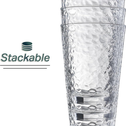Set of 10 Hammered Glass Cups, Clear Heavy Base Drinking Glasses | 16Oz, Stackable, Durable, Dishwasher Safe, Freezer Safe, Non Slip, 100% Food Grade, BPA Free, Secure Packaging, Eco-Friendly