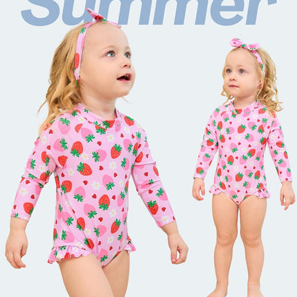 Baby Girl Swimsuit Long Sleeve One-Piece Swimwear with Hat Rash Guard Ruffle Floral Zipper Beach Infant Bathing Suit