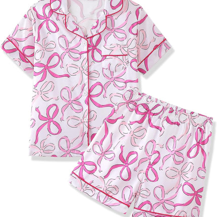 Girls Pajamas 2 Piece Summer Soft Silk Satin Short Sleeve Pajama Set Cute Pjs Sleepwear for Kids Size 6-16 Years