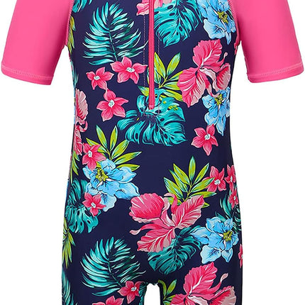 Short Sleeve Girls Swimsuits UV 50+ One Pieces Zipper 2-14Y | from Beach Vacations and Pool Parties to Cruises and Water Parks, This Colorful Floral Swimsuit Is Her Summer Favorite