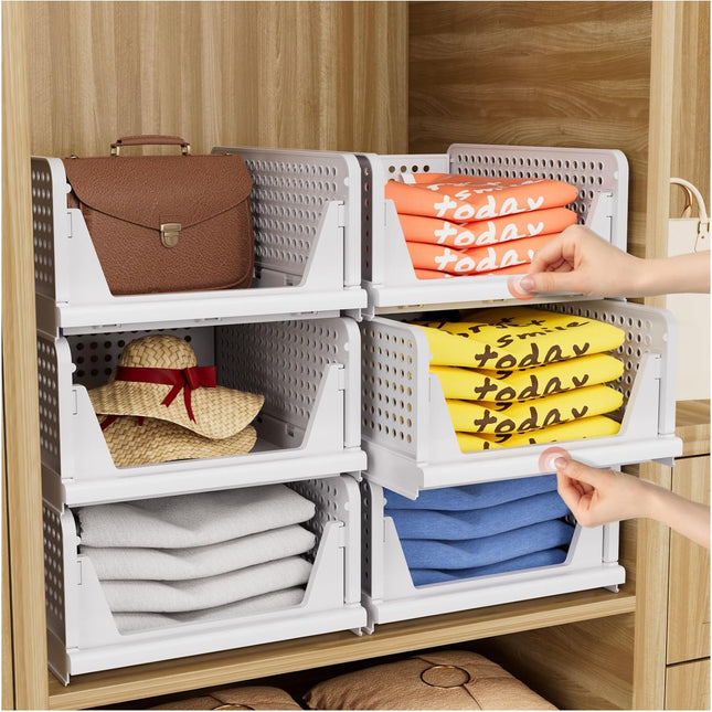 5 Pack Closet Organizers Stackable Storage Box | White Stackable Plastic Drawer Bins for Closets, Wardrobes, Kitchens, Bathrooms, Offices