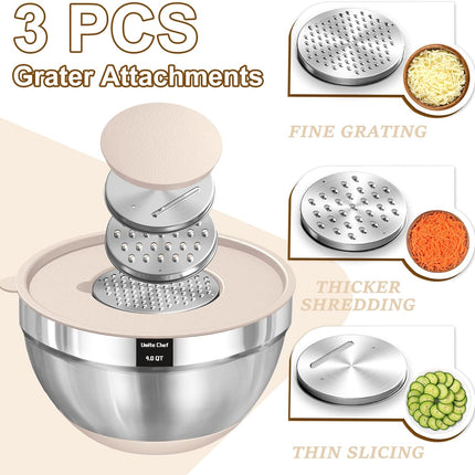 Mixing Bowls with Airtight Lids Set, 8PCS Stainless Steel Nesting Bowls with Grater Attachments, Non-Slip Bottoms, 5, 4, 3.5, 2, 1.5QT for Mixing & Serving