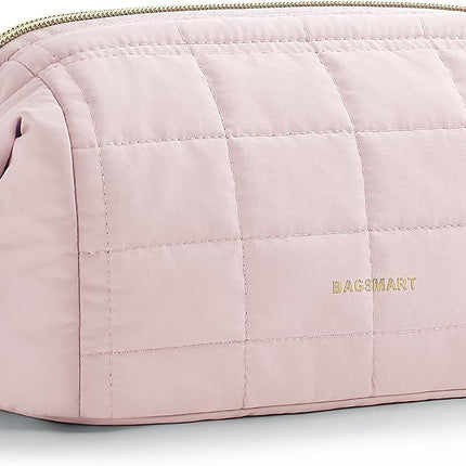 Makeup Bag Travel Toiletry Bag, Puffy Padded Make up Bags for Women Makeup Organizer Case, Wide-Open Pouch Purse Travel Essentials Toiletries Accessories Brushes, Pink