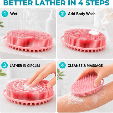 2 Pack Silicone Body Scrubber, Loofah Double-Sided Body Brush,Shower Scrubber and Scalp Massager Shampoo Brush for Sensitive Kids Women Men All Kinds of Skin (Black & Pink)