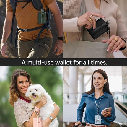 Small Wallet RFID, Minimalist Zip ID Case Wallet with Lanyard Keychain, Water Resistant Card Wallets for Women & Men, Black