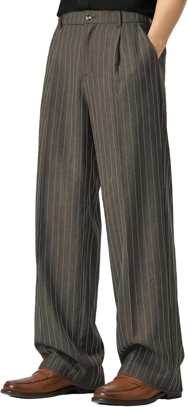 Mens Pinstripe Casual Dress Pants Old Money Wide Leg Baggy Pleated Slacks Elastic Wasist Loose Fit Work Trousers