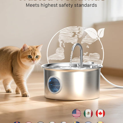 Cat Water Fountain Stainless Steel: Cat Fountain for Drinking - 88Oz/2.6L Pet Water Fountain for Cats Indoor - Quiet Cats Water Bowl Dispenser - Pets Feeding & Watering Supplies - for Small Animals