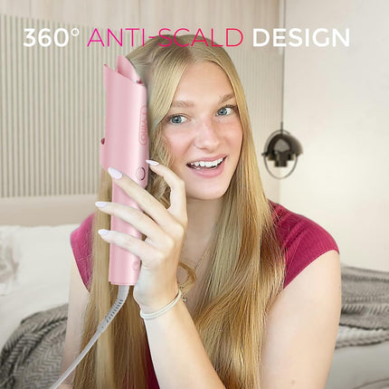 Automatic Rotating Curling Iron -  CURLPRO Beach Waves Curling Wand, Portable Hair Curler, 500 Million Ionic, Dual Voltage & Lightweight for Travel, Ceramic Coating, 1 Inch, Pink