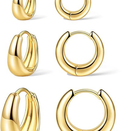 Gold Hoop Earrings Set for Women - 3 Pairs of Trendy Chunky Huggie and Dainty Jewelry for Teens