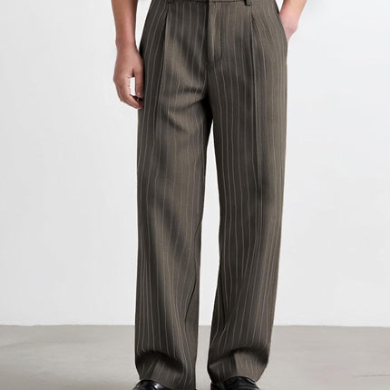 Mens Pinstripe Casual Dress Pants Old Money Wide Leg Baggy Pleated Slacks Elastic Wasist Loose Fit Work Trousers