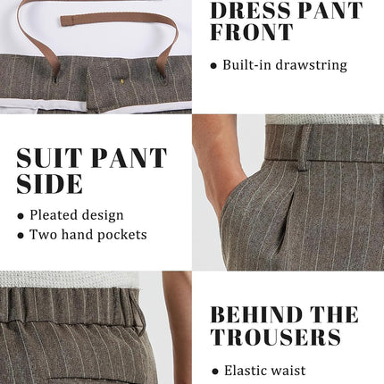Mens Pinstripe Casual Dress Pants Old Money Wide Leg Baggy Pleated Slacks Elastic Wasist Loose Fit Work Trousers