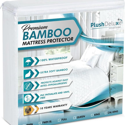 Bamboo Waterproof Mattress Protector, Queen Size, Ultra Soft | Breathable, Noiseless, Hypoallergenic, Washable, 60X80" up to 18" Deep, Viscose Derived from Bamboo Mattress Cover, White
