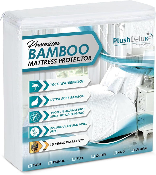 PlushDeluxe Bamboo Mattress Protector Queen Size, Waterproof Ultra Soft Mattress Cover, Breathable Noiseless Hypoallergenic Bed Protector with Deep Pocket Fit Up to 18 Inches, Washable Viscose Derived from Bamboo