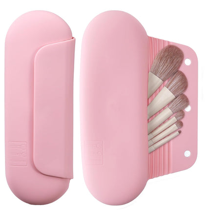 Silicone Makeup Brush Holder Travel Cosmetic Bag：Soft Portable Cosmetic Face Brushes Holder with Upgrade Anti-Fall Out Magnetic Closure, Large Travel Makeup Brush Case - Walnut