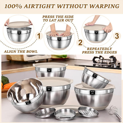 Mixing Bowls with Airtight Lids Set, 8PCS Stainless Steel Nesting Bowls with Grater Attachments, Non-Slip Bottoms, 5, 4, 3.5, 2, 1.5QT for Mixing & Serving