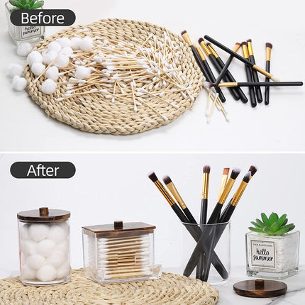 3 Pack Qtips Holder Bathroom Container, 10 Oz Cotton Ball/Swabs Dispenser, Apothecary Jar Organizer for Storage Brown Wood Lids