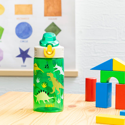 Sage Kids Water Bottle for School, Travel or at Home, 16Oz Durable Plastic Water Bottle with Straw, Handle, and Leak-Proof, Pop-Up Spout Cover (Dino)