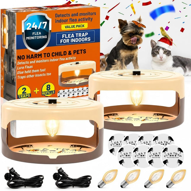 2 Pack Flea Traps for inside Your Home, Indoor Flea Light Trap with 8 Sticky Pads & 4 Replacement Bulbs, Indoor Flea Trap Sticky Insect Catcher for Fleas, Moths & Gnats