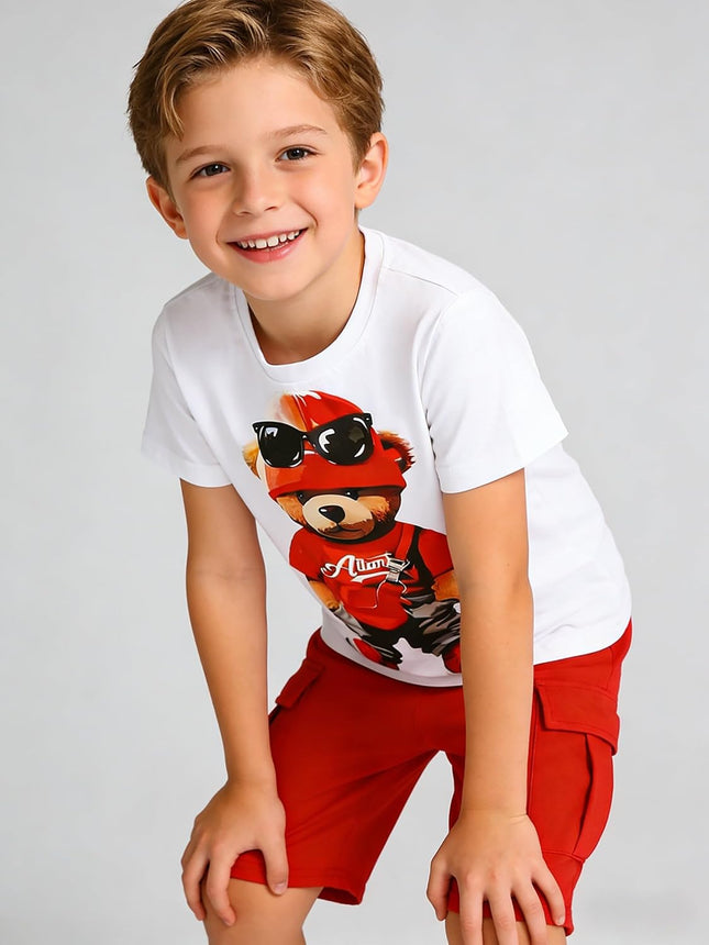 Boys' 2-Piece Summer Outfit Short Sleeve Graphic T-Shirt and Cargo Shorts Set Toddler to Big Kid Size 5-10
