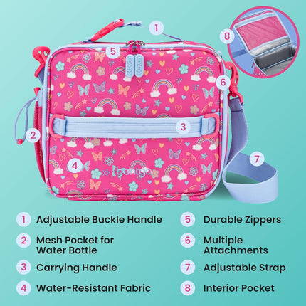 Bentgo Kids Lunch Bag - Double-Insulated, Reusable Lunch Bag for Kids 3+ with Adjustable Strap; Holds Lunch Box/Water Bottle/Snacks; Easy-Clean, Water-Resistant & Pockets (Rainbows & Butterflies)