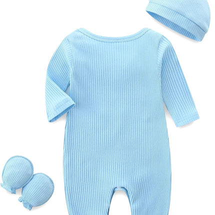 Baby Romper with Baby Mittens & Newborn Hats Footless Long Sleeve Solid Onesie Hi Im New Here