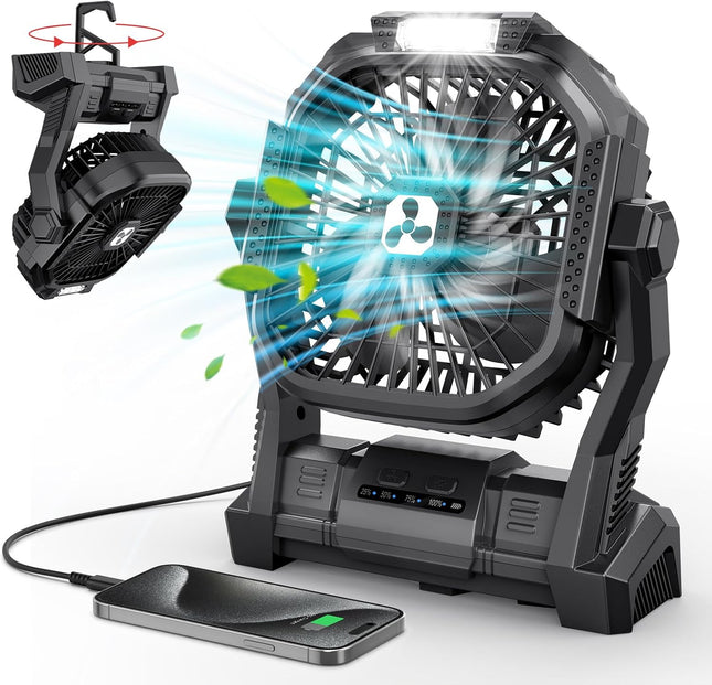 Portable Fan Rechargeable, 20000Mah Cordless Battery Powered Fan with LED Lantern Battery Operated for Camping Travel Bedroom Home Tent Office Beach Desk Fishing Table
