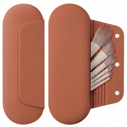 Silicone Makeup Brush Holder Travel Cosmetic Bag：Soft Portable Cosmetic Face Brushes Holder with Upgrade Anti-Fall Out Magnetic Closure, Large Travel Makeup Brush Case - Walnut