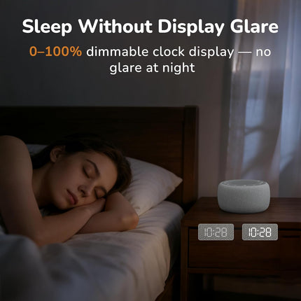 Alarm Clock with Sound Machine for Bedrooms – 2-In-1 White Noise Machine for Sleep, Gentle Wake-Up with Soft Alarm Sounds, Ambient Night Light, Plug-In, Sleep Better, Wake Gently