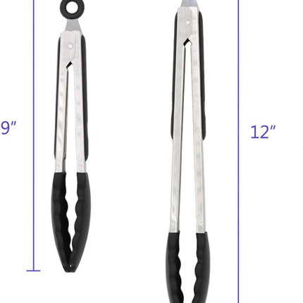 2 Pack Black Kitchen Tongs, Premium Silicone BPA Free Non-Stick Stainless Steel BBQ Cooking Grilling Locking Food Tongs, 9-Inch & 12-Inch