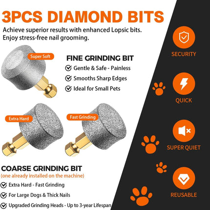 Whisper Quiet Dog Nail Grinder with 4 LED Lights, Safe & Stress-Free for Sensitive Dogs Cats of All Breeds & Sizes, 3 Grinding Bits, 3-Speed, Pet Nail Trimmers, Rechargeable Painless Grooming Kit