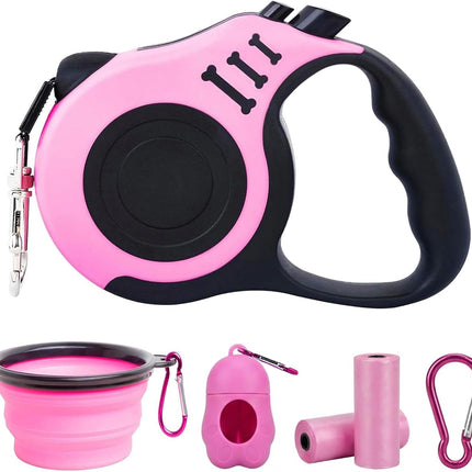 PETIMP Retractable Dog Leash Lightweight 16FT Leash, with Folding Bowl,Dispenser,Waste Bags, for Small Medium Dogs(Pink)